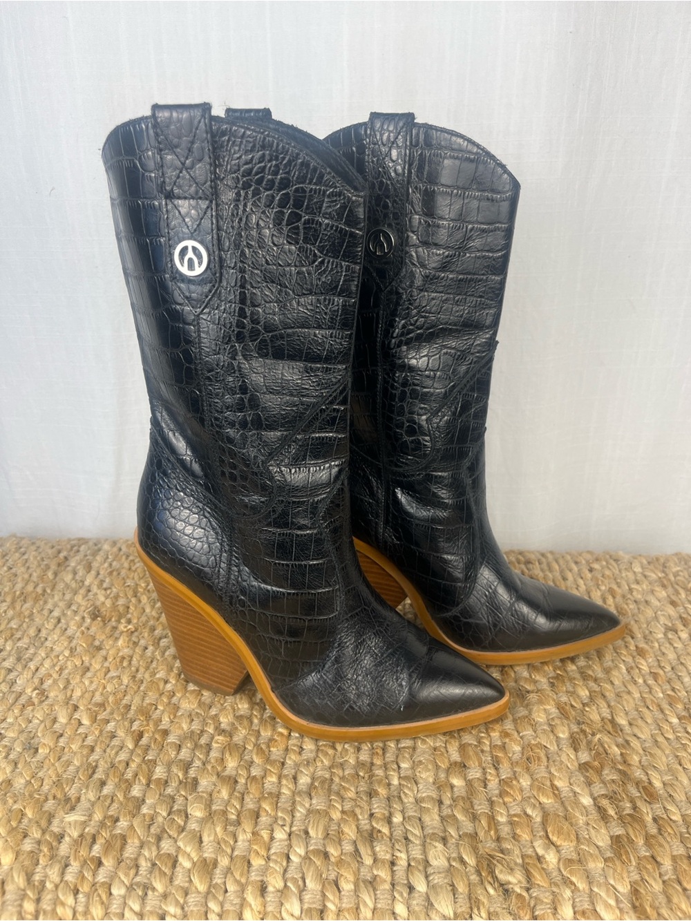 Wishbone CollectionBlack Croc-Embossed Heeled Western Boot with Stacked Tan Heel